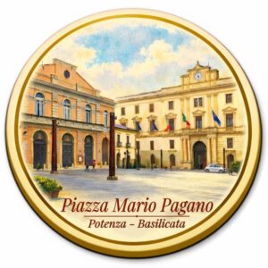 Calamita da frigo a forma di disco in legno con stampa di Piazza Mario Pagano, Potenza