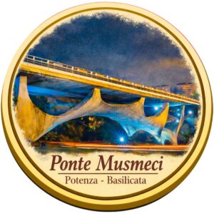 Calamita da frigo a forma di disco in legno con stampa del Ponte Musmeci, Potenza