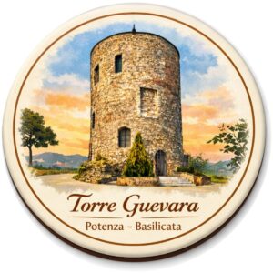 Calamita da frigo a forma di disco in legno con stampa di Torre Guevara, Potenza